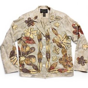 Alex Kim Tan Embroidered Button-up Boho Floral Leaves Jacket Womens Sz 1X